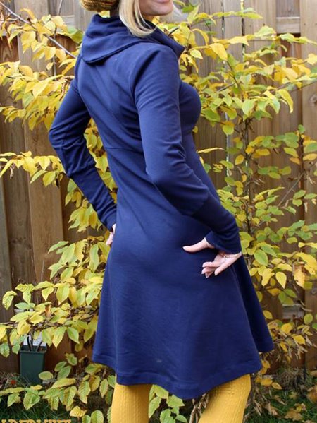

Dark Blue Hoodie Cotton-Blend Solid Weaving Dress, Dresses