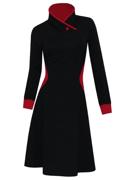 

Black Stand Collar Solid Long Sleeve Casual Knitting Dress, Basic Dresses