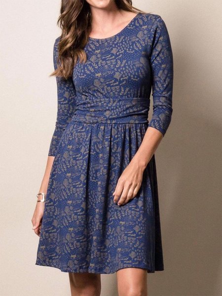 

Dark Blue 3/4 Sleeve Casual Printed Weaving Dress, Dresses