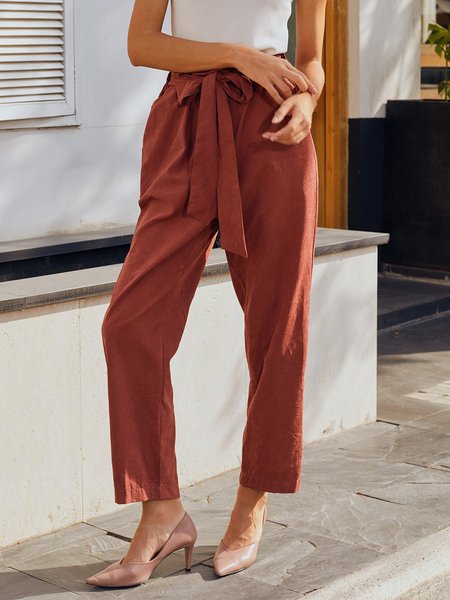 

Brick Red Shift Plain Casual Lace-Up Pants, Bottoms