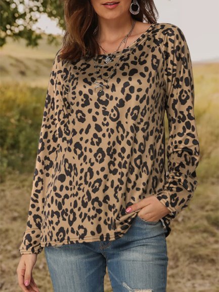 

Plus Size Long Sleeve Leopard Printed Casual Tops, Yellow, T-Shirts