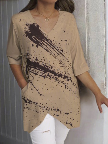 

Camicie & Top Stampato con Scollo a V Casuale, Cachi, Blouses & Shirts