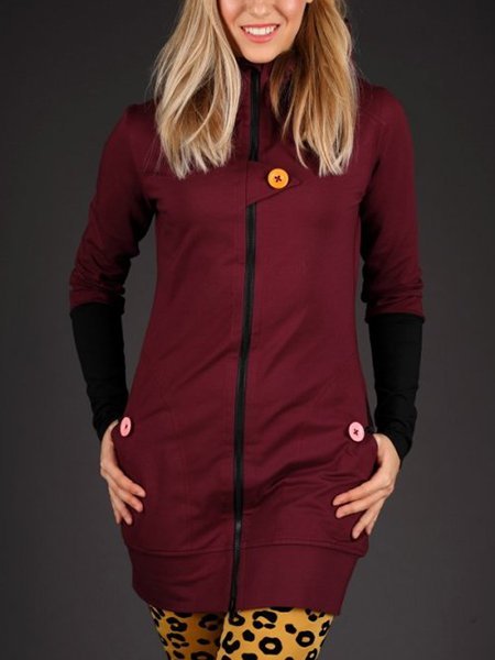 

Wine Red Sheath Long Sleeve Cotton-Blend Solid Fleece Coat, Coats