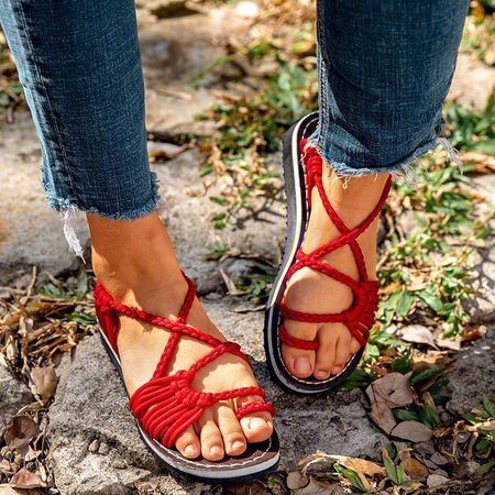 

2018 Summer Handmade Breathable Bandage Beach Flat Sandals, Cyan, Sandals