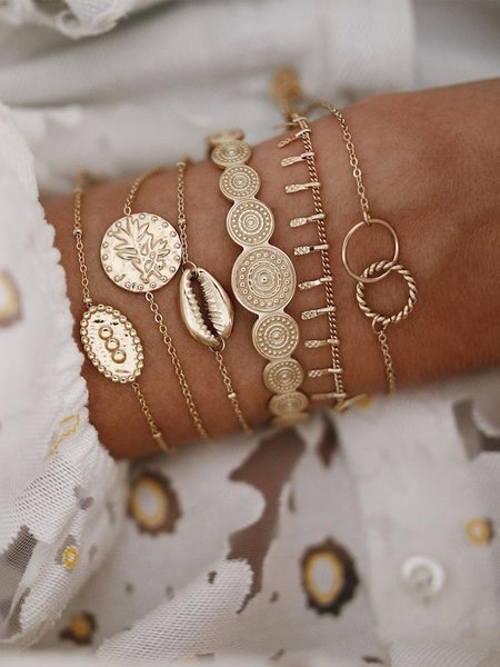 

Retro round leaf totem metal bracelet minimalist design shell chain 6 pieces bracelet, As picture, Winter Clearance