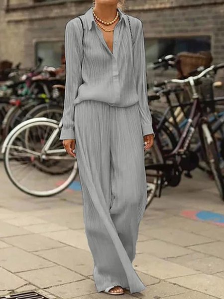 

Women Shirt Collar Long Sleeve Buttoned Two Pieces Two Piece Set Jumpsuits, Light gray, Jumpsuits & Rompers