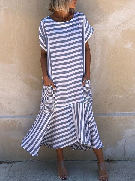 

Abito a Girocollo con Tasche a Strisce Casuale, Blu, Maxi Dresses
