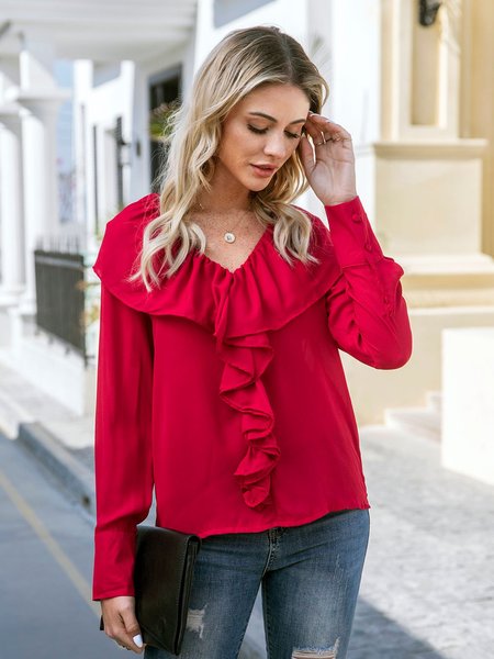 

Red V Neck Casual Long Sleeve Shirts & Tops, Tops