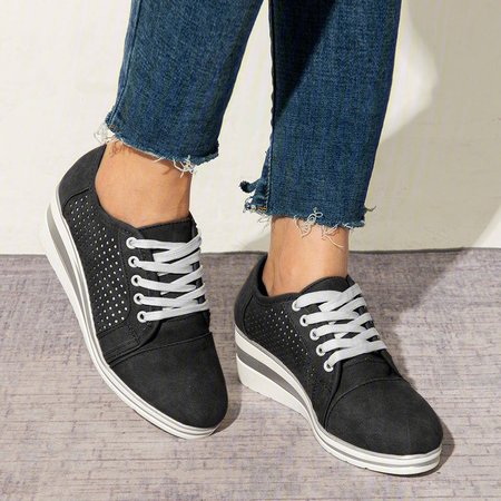 

JFN Women's Lace Up Hollow-Out Wedge Heel Sneakers, Black, Sneakers