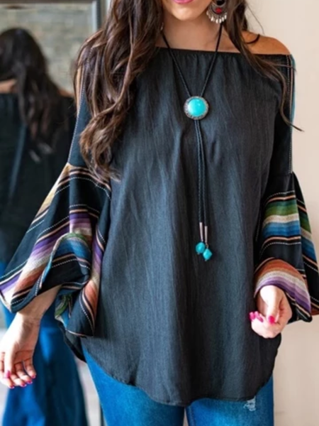 

Camicetta Casuale a Manica Svasata di Misto Cotone, Nero, Sweater