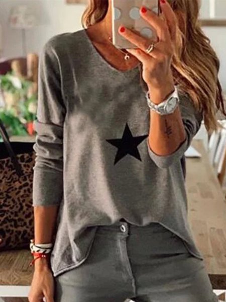 

Gray Long Sleeve Cotton-Blend Casual Shirts & Tops, Tops