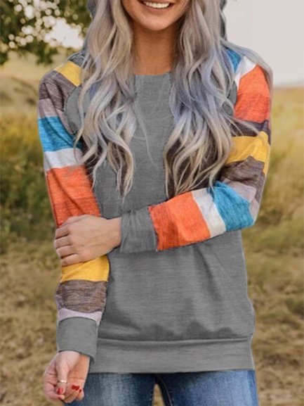 

zolucky Plus Size Long Sleeve Multicolor Striped Printed Casual Tops, Gray, T-Shirts