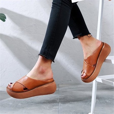 

JFN Platform Open Toe Comfy Slipper Casual Slide Sandals, Tan, Sandals & Slippers