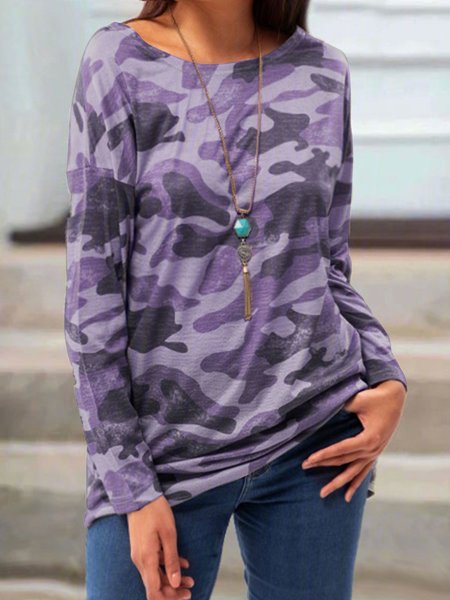 

Plus Size Casual Crew Neck Long Sleeve Top, Purple, Blouses & Shirts
