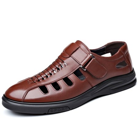 

Men Hook Loop Hollow Out Breathale Soft Leather Shoes, Brown, Flat & Loafers