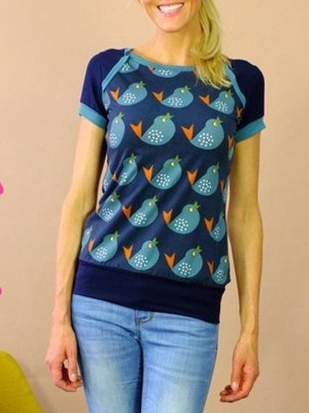 

Statement Vintage Printed Short Sleeve Plus Size Casual Tops, Navy blue, Auto-Clearance