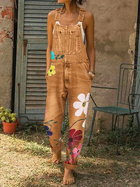 

senza maniche Denim Floreale Stampato Floreale One-Pieces, Cachi, Jumpsuits