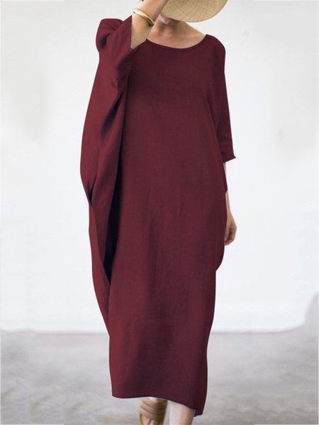 

Long Sleeve Casual Linen Crew Neck Women Dress, Wine red, Maxi Dresses