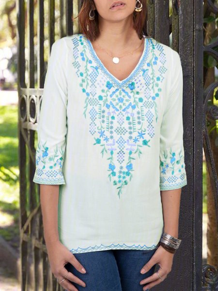 

Casual 3/4 Sleeve Floral Tops, Cyan, Blouses & Shirts