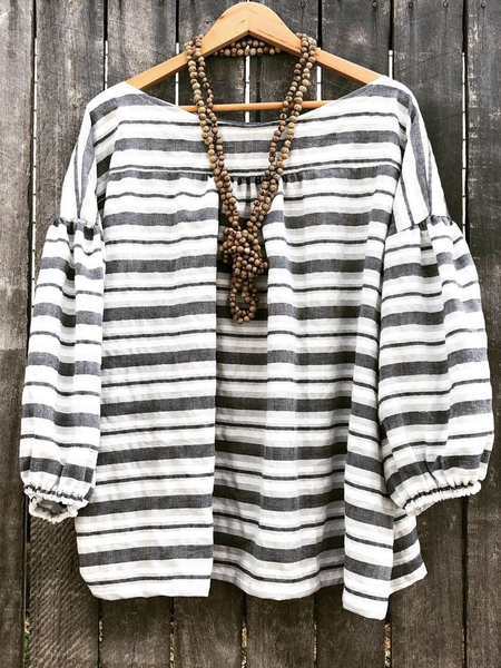 

Top a Girocollo a Righe Casuale, Nero, Blouses & Shirts