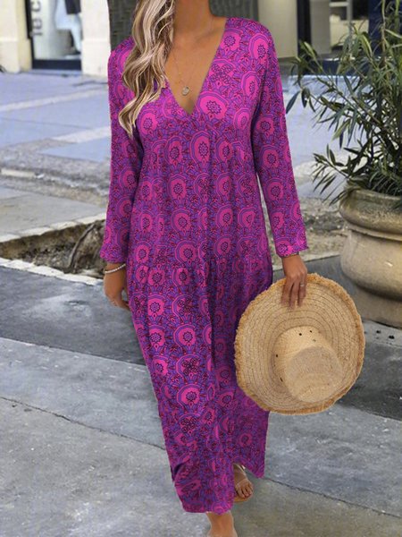 

Lungo Abito Bohemian Stampato Floreale Scollo V, Viola, Maxi Dresses