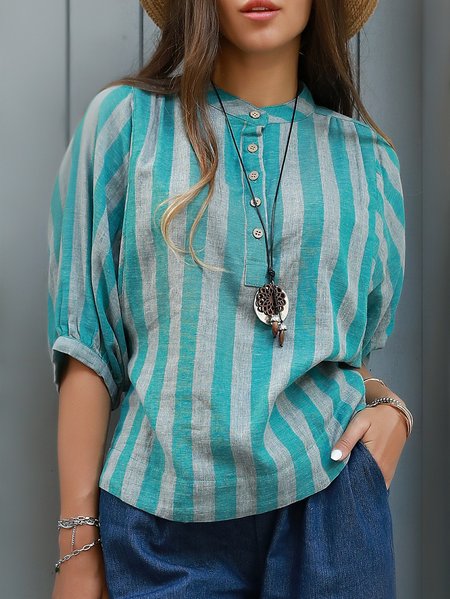 

Camicetta Casuale Dritto di Cotone, Green-stripe, Blouses & Shirts