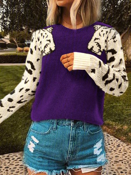 

zolucky Plus Size Leopard Long Sleeve Casual Sweater, Purple, Knitwear & Sweaters