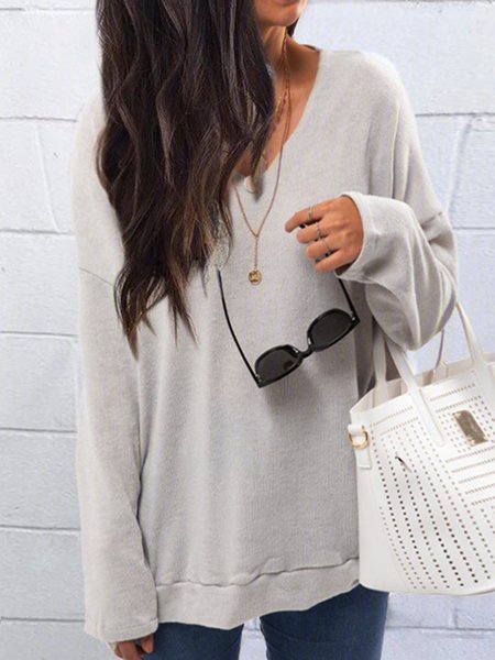 

Casual V Neck Long Sleeve Knitted Shirts & Tops, Gray, T-Shirts