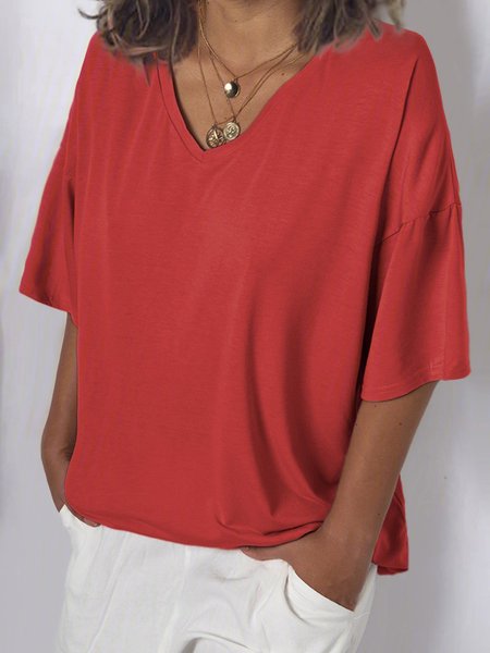 

Women V Neck Cotton T Shirt Top Tunic, Red, T-Shirts