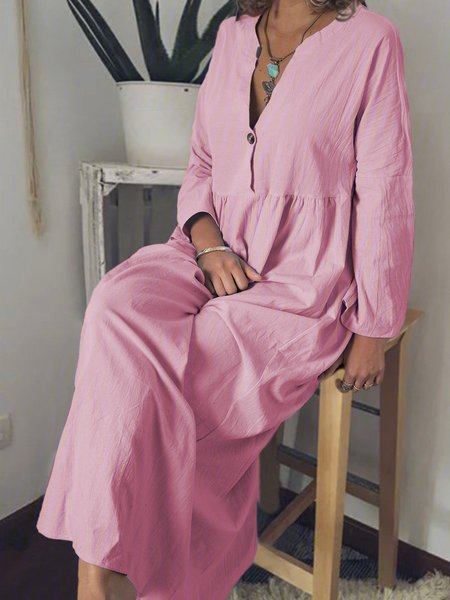

Plus Size Solid V Neck Long Sleeve Casual Dress, Rose, Casual Dress