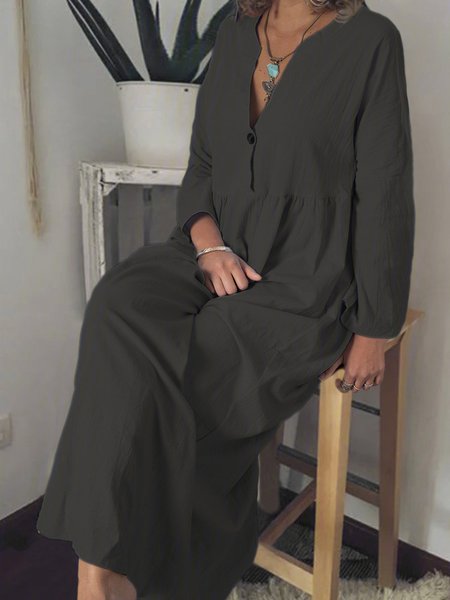 

Più Taglia Solido V Neck Manica Lunga Casuale Gonna, Nero, Maxi Dresses