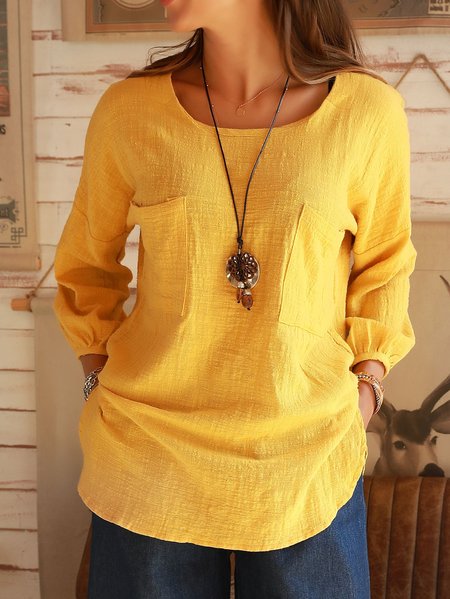 

Top di Cotone a Girocollo a Maniche Lunghe, Giallo, Blouses & Shirts