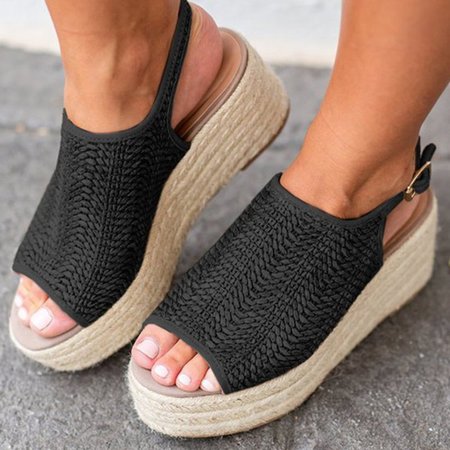 

Women's Platform Weaving Peep Toe Buckle Sandals, Black, Sandals