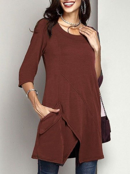 

Crew Neck Cotton Casual Solid Pockets T-Shirts, Coffee, T-Shirts