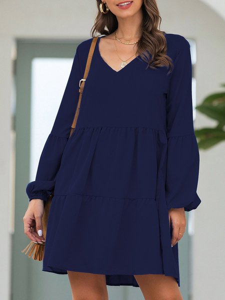 V Neck Daily Solid Casual Midi Dress Navy Blue/S