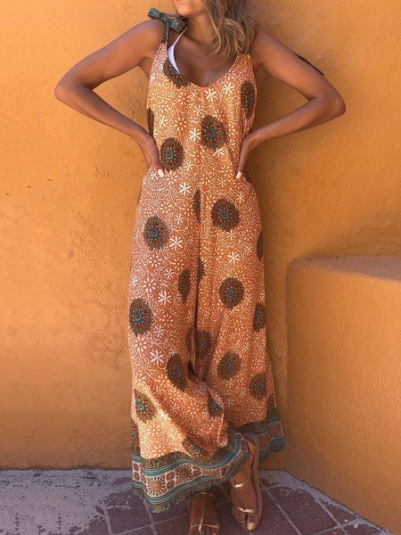 

Printed Wide-Leg Casual Holiday Jumpsuits, Light orange, Jumpsuits＆Rompers