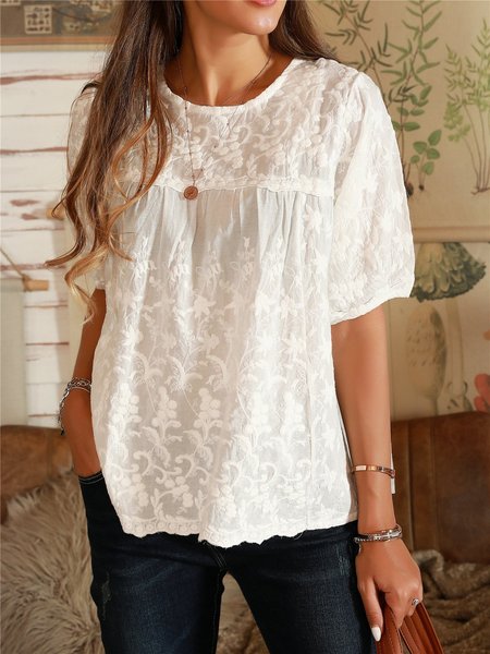 

Off White Crew Neck Sweet Casual Top, Blouses and Shirts