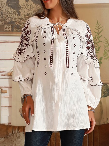 

Off White Cotton Casual Embroidered Blouse, Shirts & Blouses