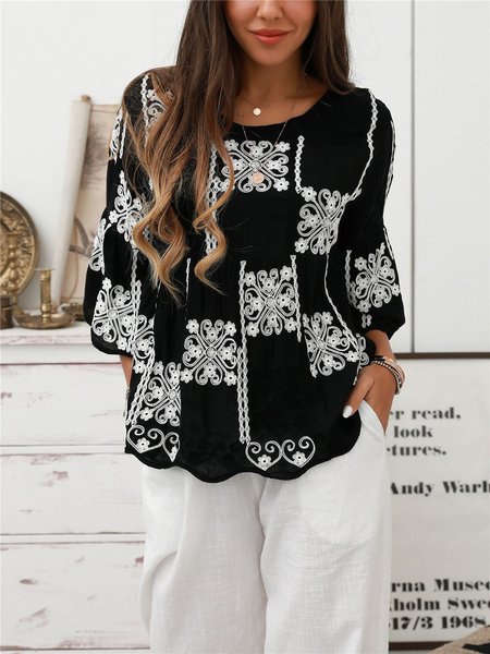 

Top a Girocollo di Misto Cotone Bohemian, Nero-bianco, Blouses & Shirts