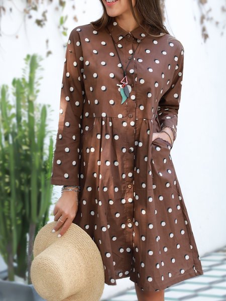 

Brown Dot Polka Dots Shirt Collar Boho Dresses, Maxi Dresses