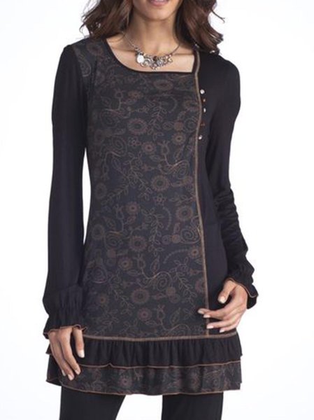 

Gray Printed Vintage Cotton-Blend Floral Weaving Dress, Dresses