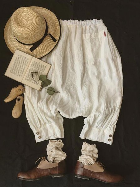 

zolucky Vintage Plus Size Women Plain Casual Pants, White, Shorts