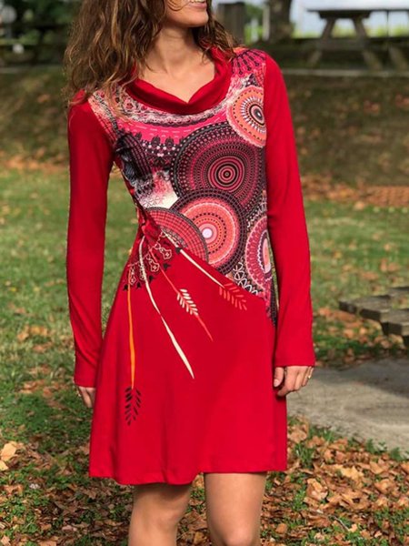 

Red Cowl Neck Long Sleeve Weaving Dress, Dresses