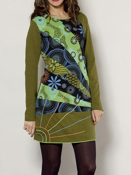 

Green Paneled Round Neck Long Sleeve Weaving Dress, Dresses