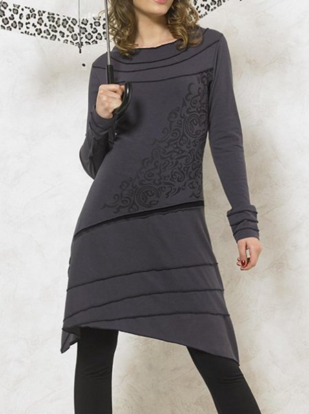 

Gray Round Neck Vintage Cotton-Blend Weaving Dress, Dresses