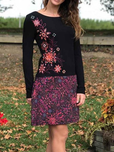 

Pink Long Sleeve Round Neck Vintage Weaving Dress, Dresses