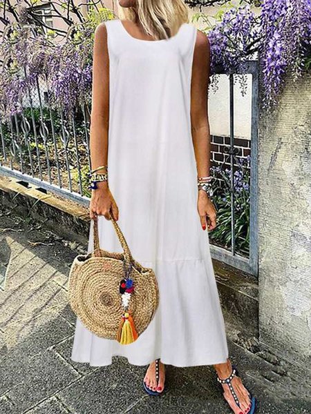 

Linen Plain Crew Neck Casual Women Dress, White, Maxi Dresses
