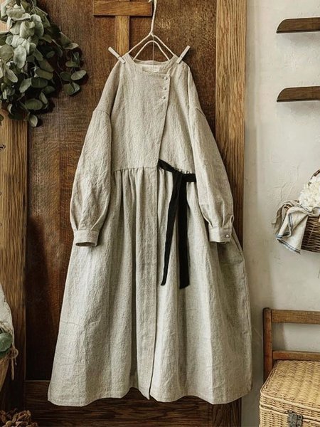 

Midi Abito Casuale Vintage Tinta unita taglia grande a Maniche Lunghe, Grigio, Linen & Cotton Dresses