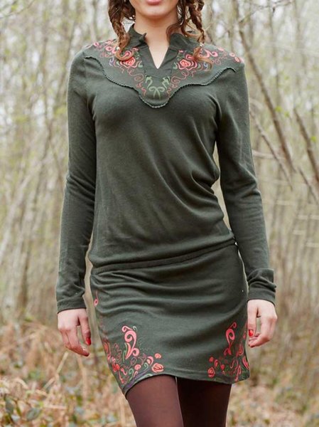

Green Floral Long Sleeve Piping Weaving Dress, Dresses