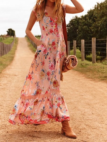 

Abito con Scollo a V Floreale da Vacanza, Rosa, Casual Dresses